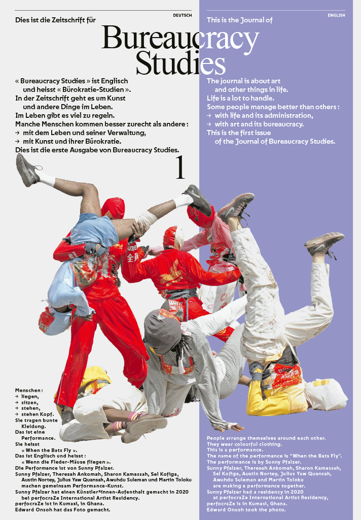 Cover der Zeitschrift für Bureaucracy Studies, Graphik-Design von Niels Wehrspann, mit einem Foto einer Performance von Sunny Pfalzer, Foto von Edward Onsoh