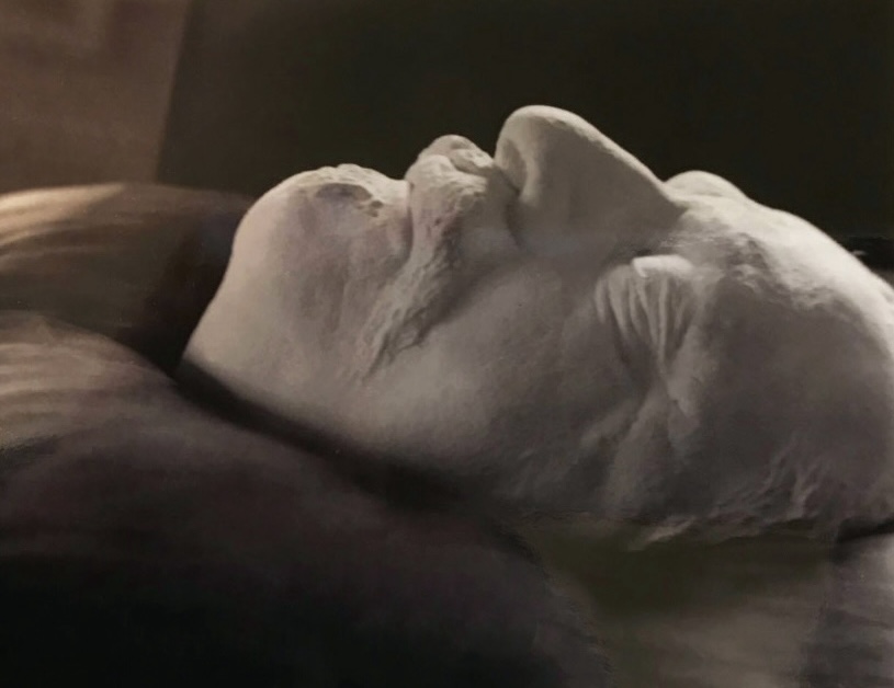 Die Toten-Maske von Magnus Hirschfeld aus grauem Ton liegt auf einem Kissen.