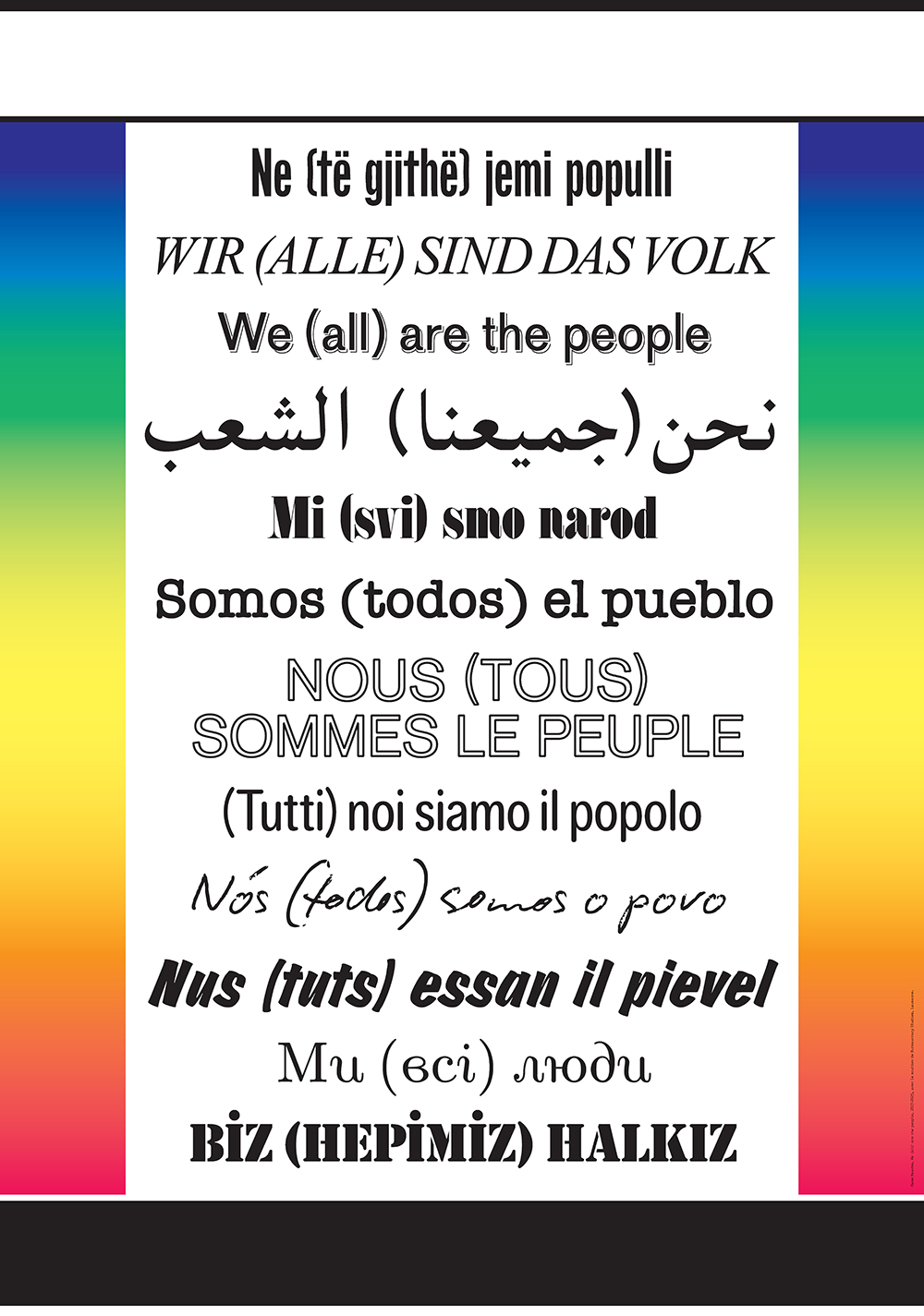 Ein Poster in vielen Farben mit dem Satz «Wir (alle) sind das Volk» in 12 Sprachen